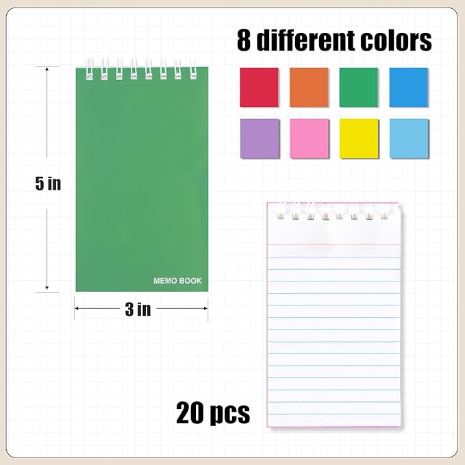 Koogel 20 Pads Mini Spiral Pocket Notebook, 3x5 Inch Lined Small Journals for Back to School, Colorful College Ruled Mini Memo Pads Tiny Note Book Sketchbook for School Office Supplies, 8 Colors