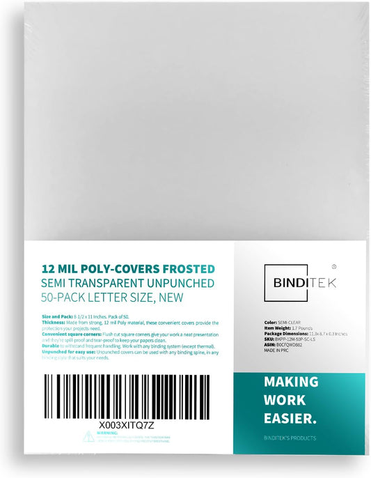Binditek 50 Pack 12 Mil Binding Covers, Frosted Polycovers, Semi-Transparent, 8-1/2 x 11 Inches, Lightly Textured Sand Finish, Square Corners, Unpunched
