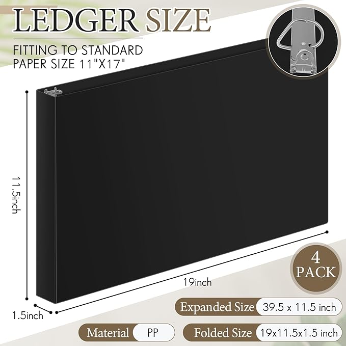 4 Pcs 11 x 17 Inch 3 Ring Binders 1 Inch Rings Heavy Duty View Plastic Flexible D Ring Binders Economy Holds 11" x 17" Paper for Artwork Blueprints, Office, Home, Work Places(Black)