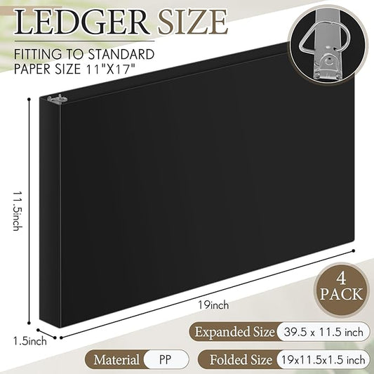 4 Pcs 11 x 17 Inch 3 Ring Binders 1 Inch Rings Heavy Duty View Plastic Flexible D Ring Binders Economy Holds 11" x 17" Paper for Artwork Blueprints, Office, Home, Work Places(Black)