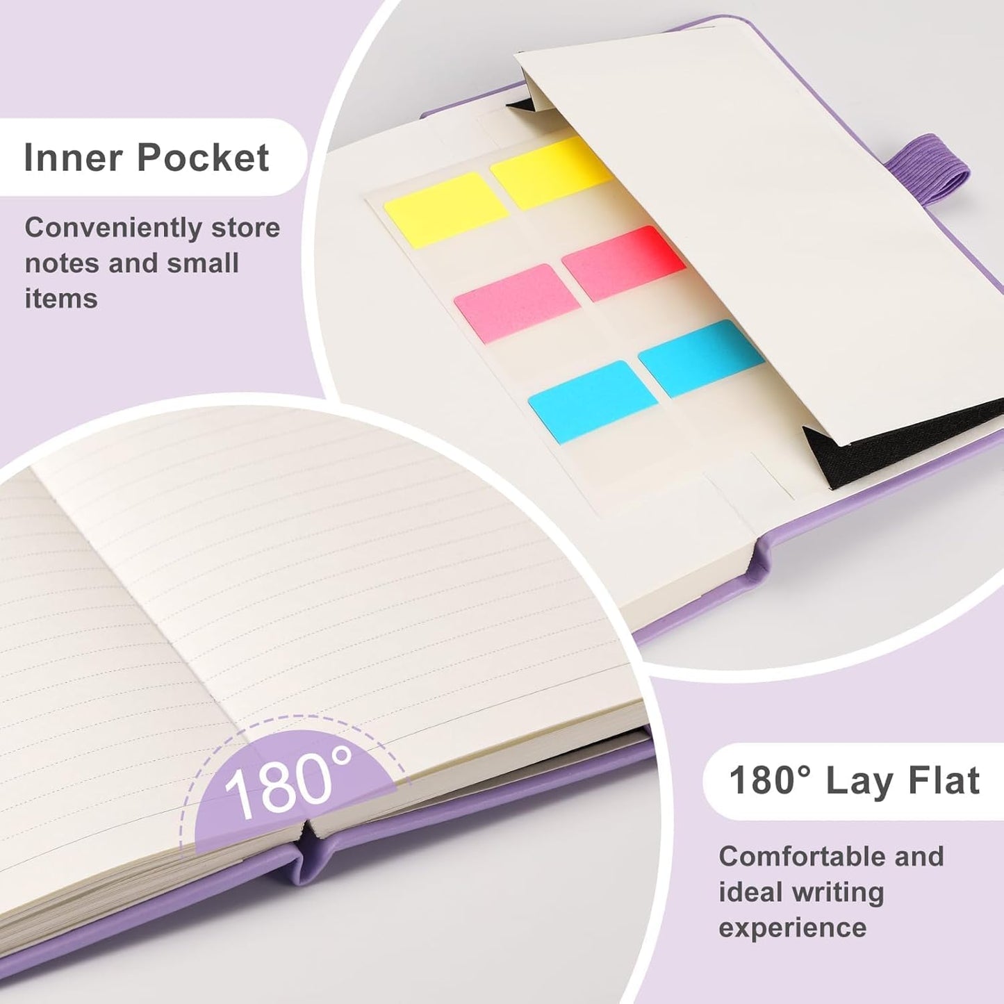 EMSHOI A6 Pocket Notebook for Women Men - 3.7x5.7 Mini Lined Journal, 100GSM Thick 160 Numbered Pages Memo Notepad, Leather Hardcover Small Notebook for Work School Travel Writing - Light Purple