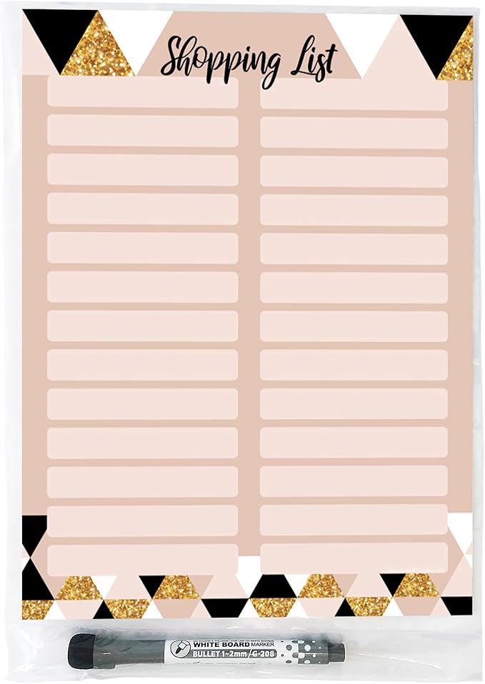Dry Erase Shopping List Vinyl Sticker Decal Whiteboard by Glassboard Studio | Removable & Reusable | Magnetic Fine-Tip Marker Included (9 x 12 inches, Rose & Gold)