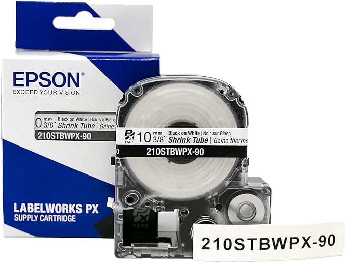 Epson LABELWORKS 210STBWPX-90 Genuine Tape Cartridge - Black on White Shrink Tube Industrial Label Maker Tape - AWG 4-12, 3/8" (10MM) Wide, 7.5 ft (90")