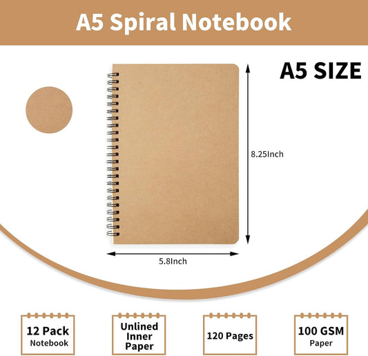6 Pack Unlined Spiral Notebook for Work - A5 Blank Journals Note Books Bulk for School - Soft Cover Sketchbooks for Drawing Writing, Office Supplies, 60 Sheets/120 Pages,8.2" X 5.8"