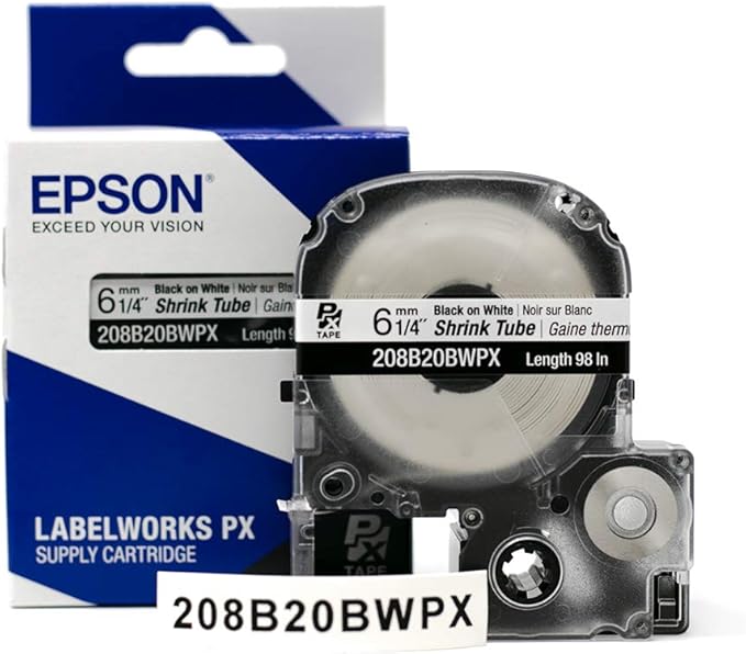 Epson LABELWORKS 208B20BWPX Genuine Tape Cartridge - Black on White Shrink Tube Industrial Label Maker Tape - AWG 6-18, 1/4" (6MM) Wide, 8 ft (98")