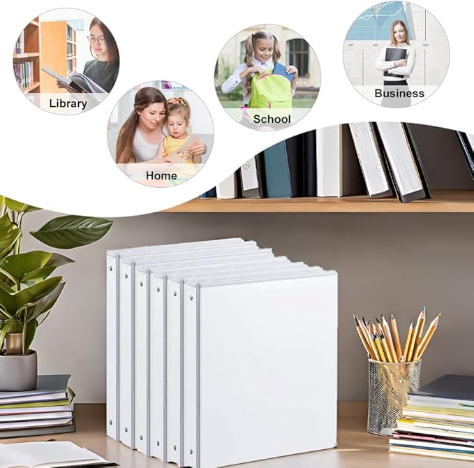 1 Inch Binders 3 Ring, with 2 Interior Pockets,Holds 200 Sheets Letter Size Paper,Resistant,PVC Free,White Three Round Ring Binders for Office, Home, and School Use，White Color,6 Pack