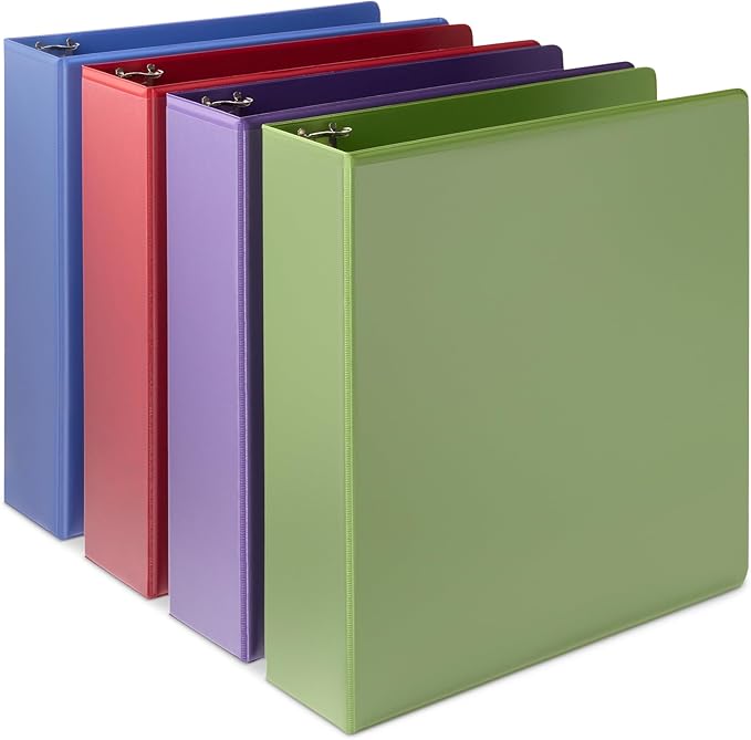 Amazon Basics 3 Ring 2 inch Binder, Round Rings, Assorted Colors, 4 Pack