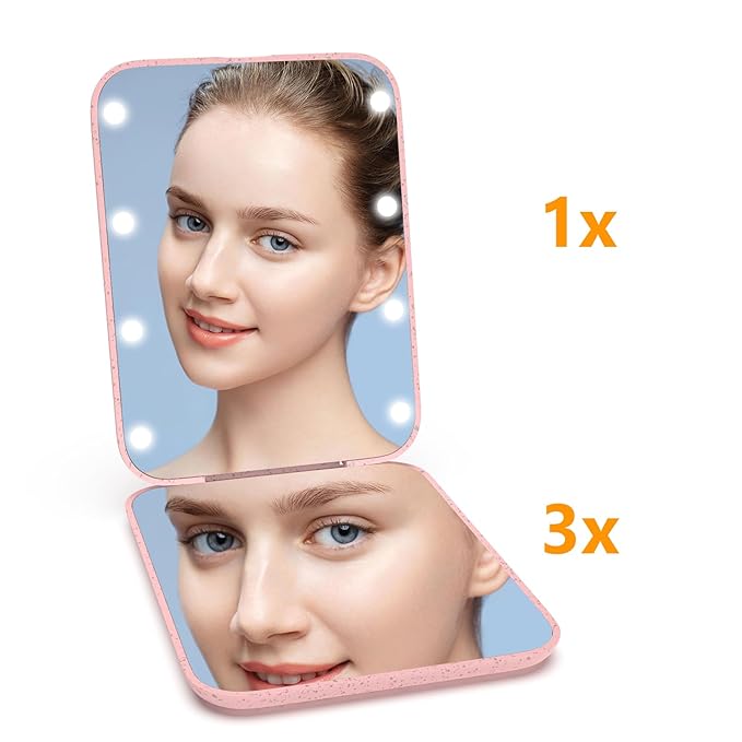 Kintion Rechargeable Pocket Mirror, Double Sided 1X/3X Magnification Compact Vanity Mirror, 3 Color Lights, Dimmable, Small and Portable Lighted Travel Mirror for Women Gifts, Wheat Straw Pink