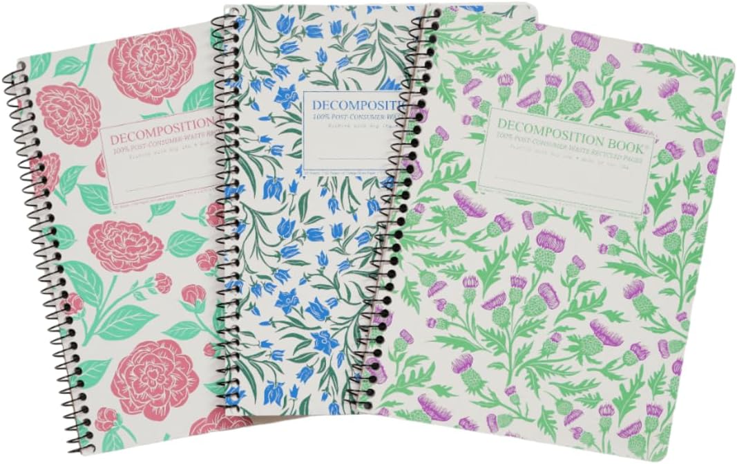 Decomposition 3-Pack Floral College Ruled Spiral Notebook - 9.75 x 7.5 Journal, 160 Lined Pages - 100% Recycled Paper - Notebooks for School Supplies, Home & Office - Made in USA