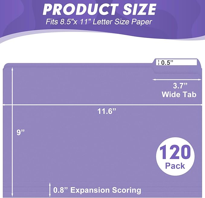 File Folder, HERKKA 120 Pack 1/3 Cut Tab File Folders, Letter Size, Assorted 6 Colors, Colored File Folders Designed for Office and Classroom Use