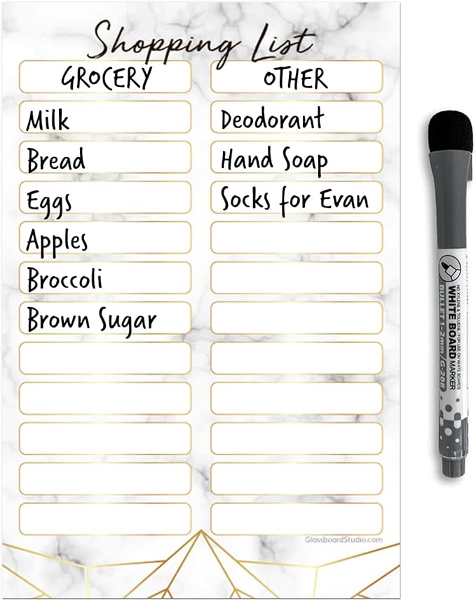 Dry Erase Shopping List Vinyl Sticker Decal Whiteboard by Glassboard Studio | Removable & Reusable | Magnetic Fine-Tip Marker Included (6 x 9 inches, Marble)