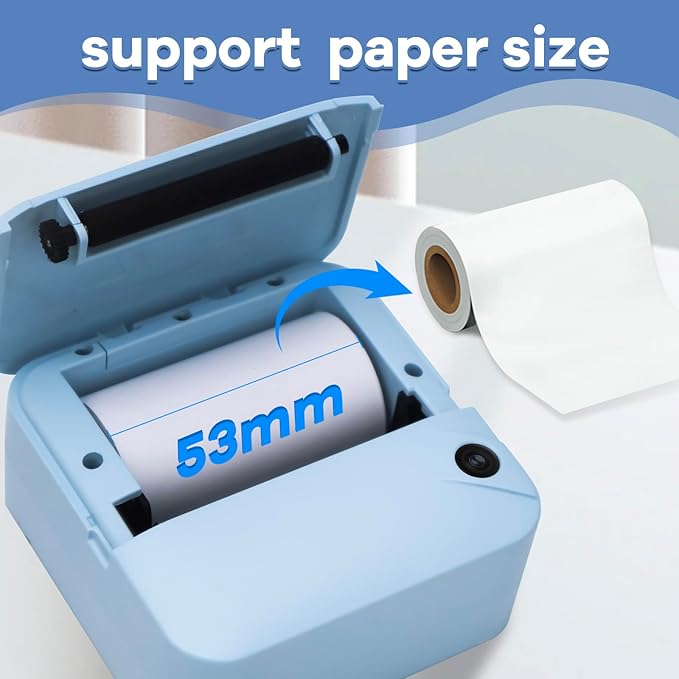 Portable Mini Thermal Printer, Pocket Sticker Maker for Kids Cute Bluetooth Phone Printer with 2 Rolls Paper for Study Graphics, Notes, Fun, DIY, Compatible with Phone or Tablet