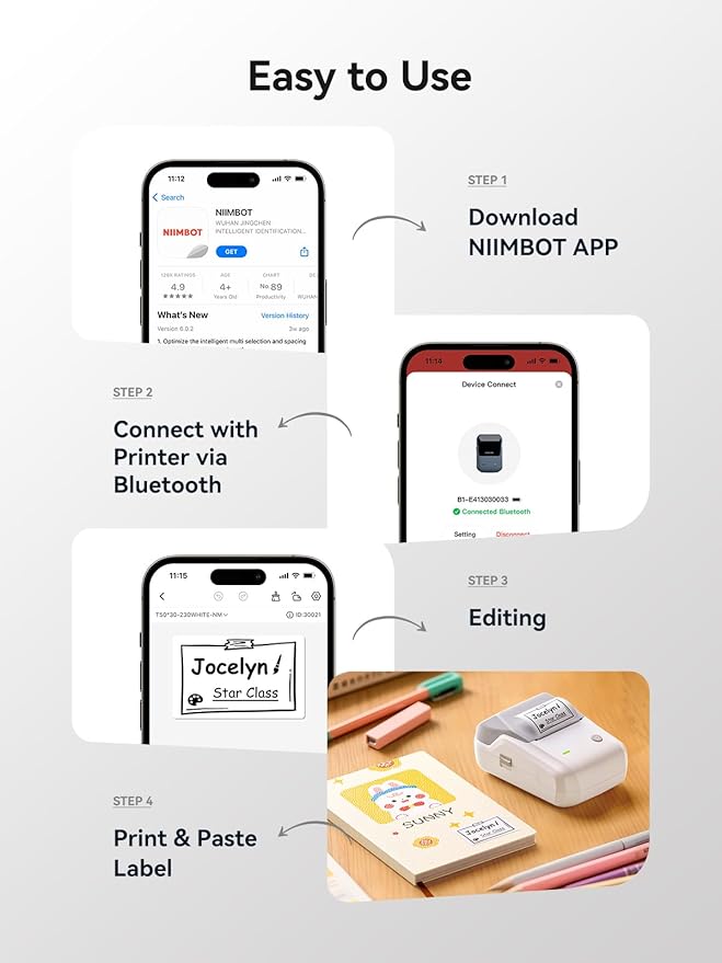 NIIMBOT B1 Bluetooth Label Maker Machine with Tape, Easy to Use, Large Waterproof Label, 2 Inch Portable Thermal Label Printer with Multiple Templates for Kitchen,Home, School, Small Business,Grey
