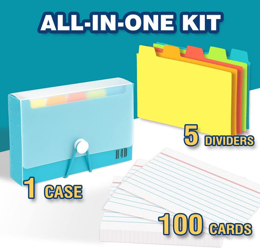 H4D 3x5 Index Card Case with 100 Heavyweight Ruled Index Cards and Dividers, Teal