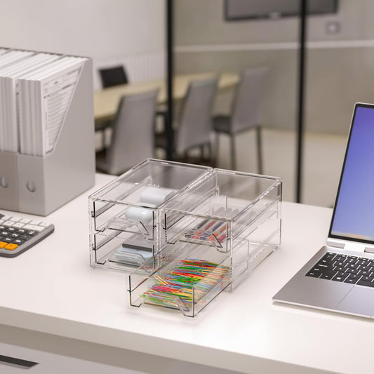 Desk Organizer Drawer Office Storage: 4 Plastic Drawers Organizers for Small Accessories, Clear Box for Stationery Supplies Organization, Storage Acrylic Bins Holder for Classroom Table