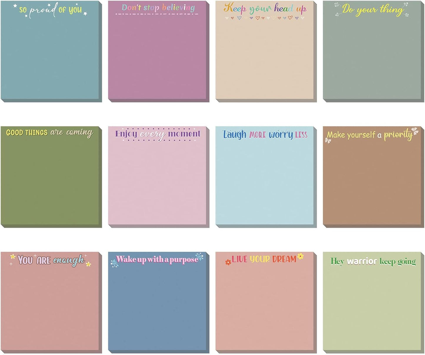 Zonon 12 Pieces Inspirational Sticky Notes 3 x 3 Inch Motivational Fun Notepads Positive Gifts for Teacher Nurse Coworkers Work Studying Supplies(Colorful Style)