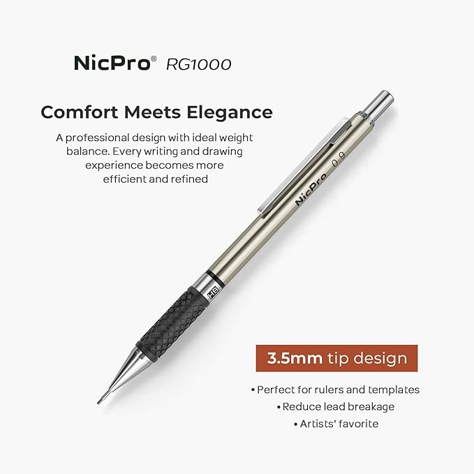 Nicpro 0.9 mm Art Mechanical Pencils Set in Gift Case, 6 PCS Metal Drafting Pencil 0.9mm with 6 Tube HB Lead Refills & 18 PCS Eraser Refills for Adults, Children, Artist Writing, Drawing, Sketching