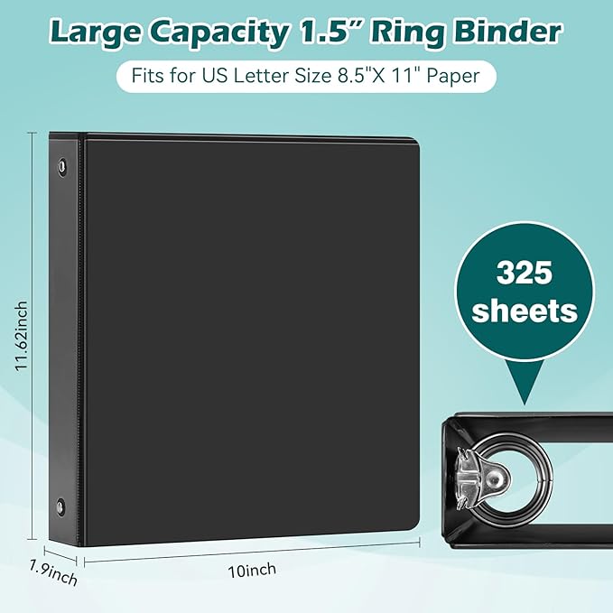 3 Ring Binder 1.5 Inch 6 Pack, 1-1/2" Clear View with Round Rings, PVC-Free,Holds for 325 Sheets 8.5X 11 US Letter Size Paper, Durable Black Perfect for Office,School and Home
