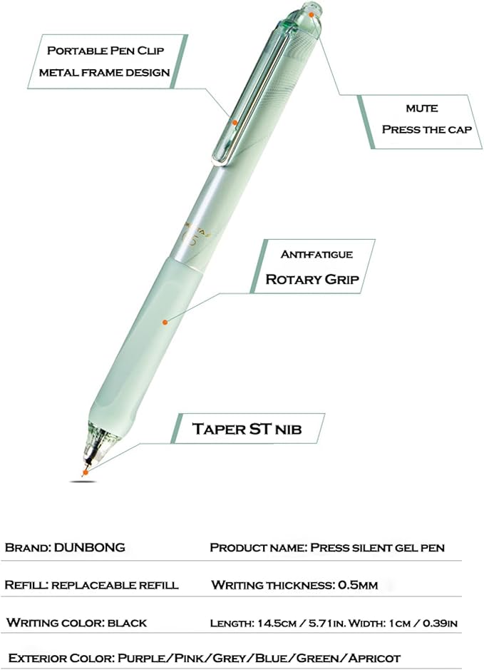 DUNBONG Retractable 0.5mm Porous Point Pen, metal clip, non-slip pen holder, Black ink gel pens, Box of 6 Pens (6)