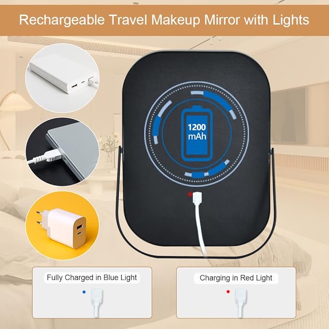 Travel Mirror with Lights, Small LED Makeup Mirror with Lights,Portable Desk Mirror 1200mAh Battery,3 Color Modes,Dimmable Touch Screen, Tabletop Folding Compact Mirror,Women Gift