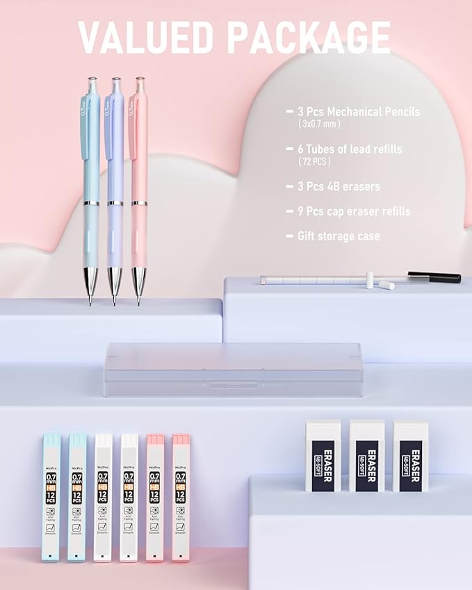 Nicpro 3PCS Cute Mechanical Pencil Set with Case, 0.7 mm Pencils with 6 Tube HB Lead Refill, 3PCS Eraser, 9PCS Eraser Refill for School Supplies Kid Student Writing, Drafting Drawing Sketching