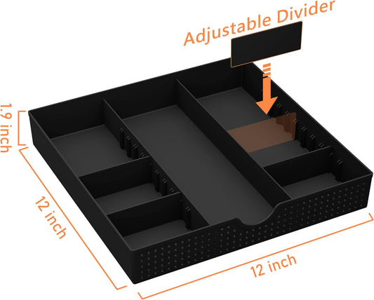CAXXA 3 Slot Drawer Organizer with 4 Adjustable Dividers - Junk Drawer Storage for Makeup & Vanity, Office Desk Supplies and Accessories (BLACK, 1 PACK)