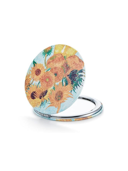 OMIRO 1X/10X Compact Magnifying Mirror, Unique Painting Pocket Mirror with Classical PU Leather (Round, Sunflowers)