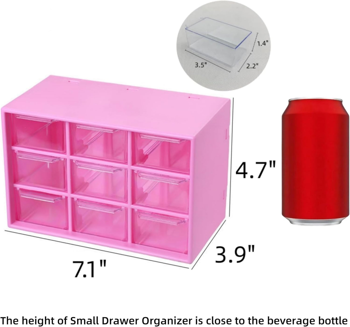 Feadily 2PCS Small Drawer Organizer for Desk, Desktop Drawer Organizer with 9 Clear Drawers, Plastic Desktop Storage Drawers 7.1 Inch x 3 .9 Inch x 4.7 Inch, Rose Red