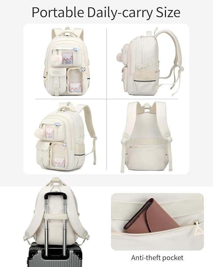 Large Backpack for Teen Girls, Cute Aesthetic School Backpacks with for Middle High School Students, Designer ITA Backpack for Kids Bookbag, Beige
