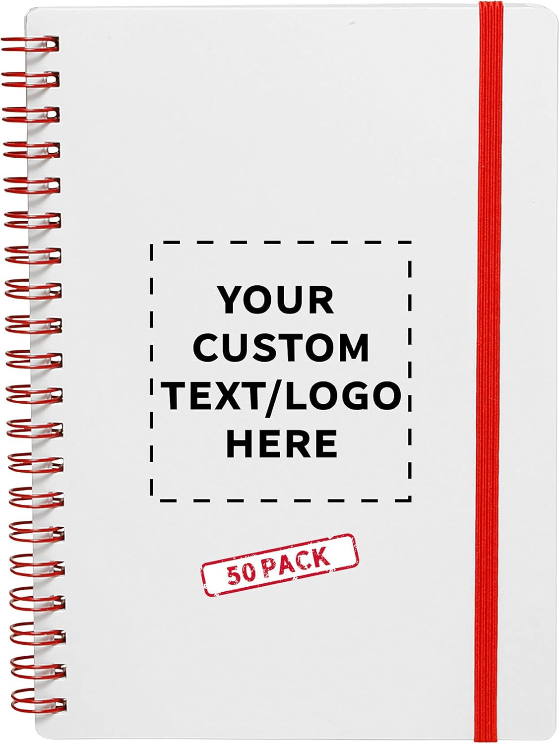 50 White Spiral Notebooks with Elastic Band Pack - Customizable Text, Logo - 80 lined pages, Recycled - Red