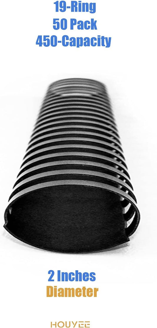 HOUYEE 50Pack 2 Inch Plastic Binding Comb 19 Ring, 450 Sheet Capacity, Letter Size Black Comb Binding Spines