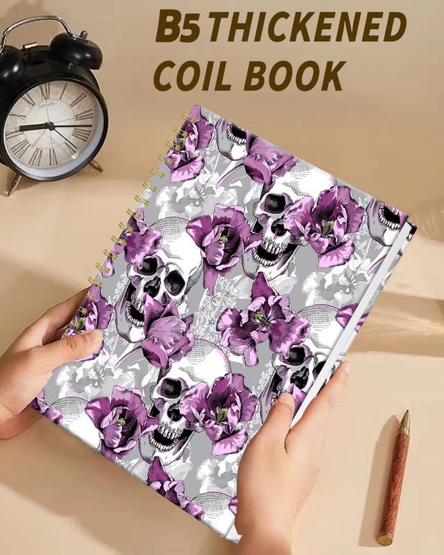 iampanda Spiral Journal Notebook,Strong Twin-Wire Binding with Premium Paper for Women,60 Sheets B5 College Ruled Notebook/Journal,Perfect for School Office Work,Skull Purple Floral