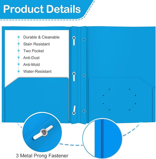 Heavy Duty Plastic Folder, 60 Pack, Pocket Folder with brads, Letter Size Poly File, Plastic Folders with 3 Prongs Fasteners - Sky Blue