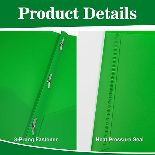 60-Pack Plastic Folders with Pockets and Prongs,2-Pocket Folders with 3 Fasteners, Poly Folders Holds 8-1/2" x 11" Paper for School/Office/Home, Green