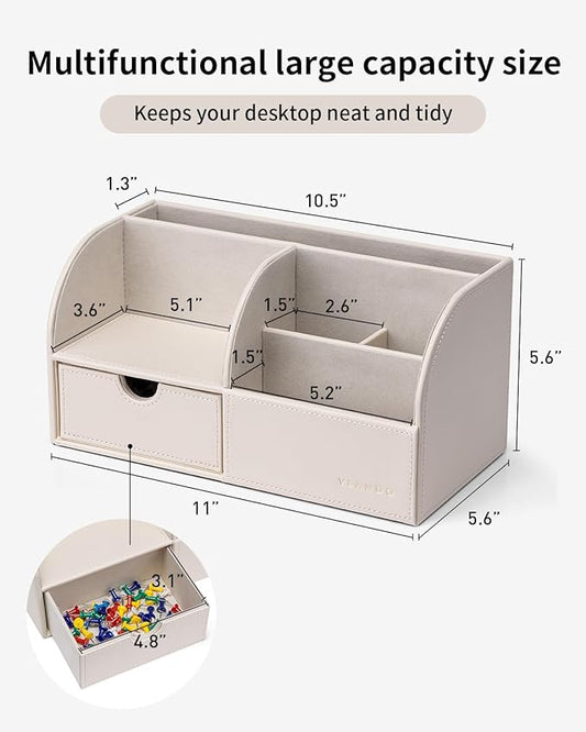 Vlando Office Desk Organizer Leather Desktop Organizer Caddy with Drawer for Storing Desktop Supplies and Accessories (White)
