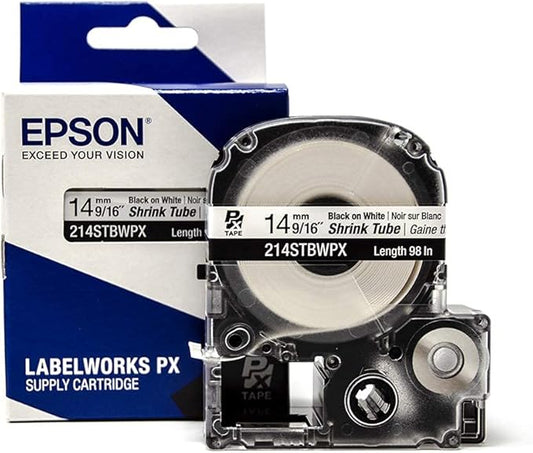 Epson LABELWORKS 214STBWPX Genuine Tape Cartridge - Black on White Shrink Tube Industrial Label Maker Tape - AWG 0-5, 9/16" (14MM) Wide, 8 ft (96")