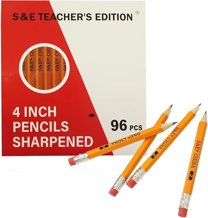 S & E TEACHER'S EDITION 96Pcs Half Pencils with Eraser Tops, Golf Pencil, Classroom, Pew - # 2 HB Pre-Sharpened Hexagon, Back to school, 96 Count Bulk Pack