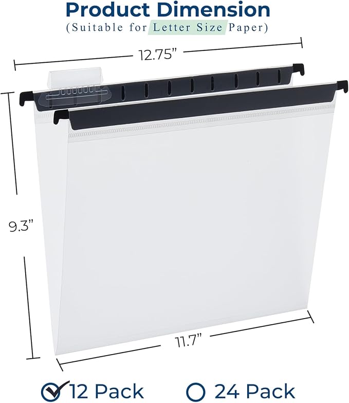 Y YOMA Plastic Hanging File Folders, Letter Size, 1” Expansion, 12 Pack Clear Reinforced Hanging Folders with Tabs Transparent Waterproof for Filing Cabinet Bulky Files Home Office