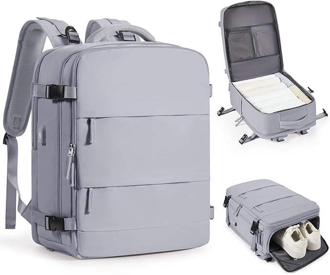 Grey Travel Backpack - Carry On Flight Approved Mochila De Viaje Personal Item - Large Backpack for Men & Women - 18x14x8 Inches