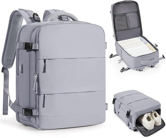 Grey Travel Backpack - Carry On Flight Approved Mochila De Viaje Personal Item - Large Backpack for Men & Women - 18x14x8 Inches