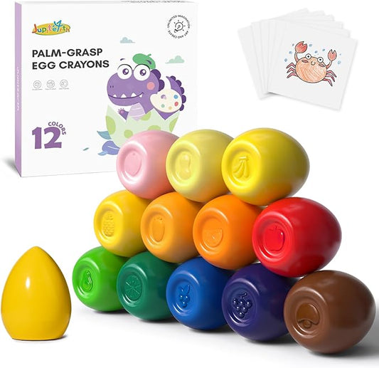12 Colors Egg Crayons for Toddlers 1-3, Palm-Grasp Non Toxic Jumbo Washable Crayons for Kids, Fat Brain Toys for Preschool Art Supplies and Perfect Easter Gifts for Boys and Girls
