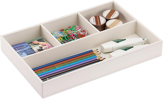 KINGFOM PU Leather Desk Drawer Organizer, 4 Compartment Office Supplies Stationery Storage Tray, Desk Organizers and Accessories Drawer Organizer Tray for Home, Makeup, Jewelry Stackable White
