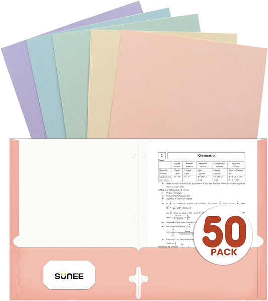 SUNEE Folders with Pockets 3 Hole Punched(50 Pack, Pastel Colors), 2 Pocket Folders Fit Letter Size Paper, Paper File Folder for School Office Home Business