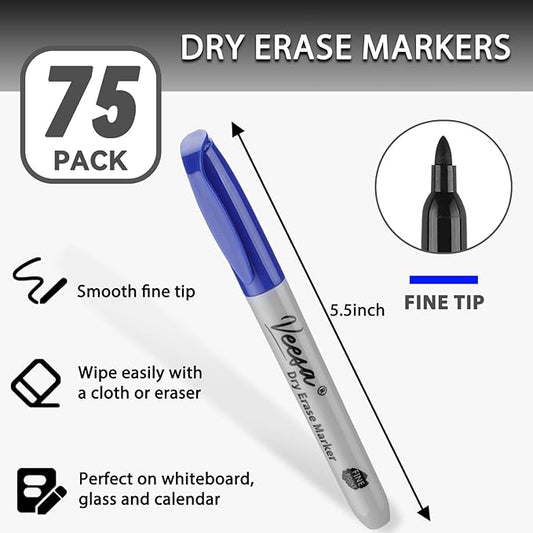 VEESA Dry Erase Markers Fine Tip, 3 Assorted Colors, 75 Pack Low-Odor Whiteboard Marker Pens Bulk, Office Series, Classroom Set