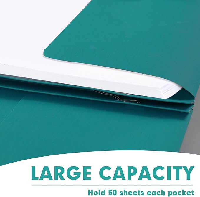 Two Pocket Folders, RAZCC 50 Pack Two Pocket Folders with Prongs, 3 Prong Folders Fit Letter Size Paper, Pocket File Folders for School Office Home Business, Turquoise
