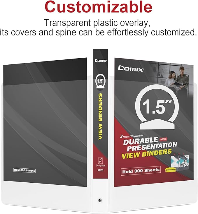 COMIX Sturdy 3 Ring Binder 1.5 inch with Clear View Cover, 1-1/2" Round Ring View Binder, PVC-Free, 300 Sheets Capacity of US Letter Size Paper, Office ＆ School Supplies, 6 Pack (White)