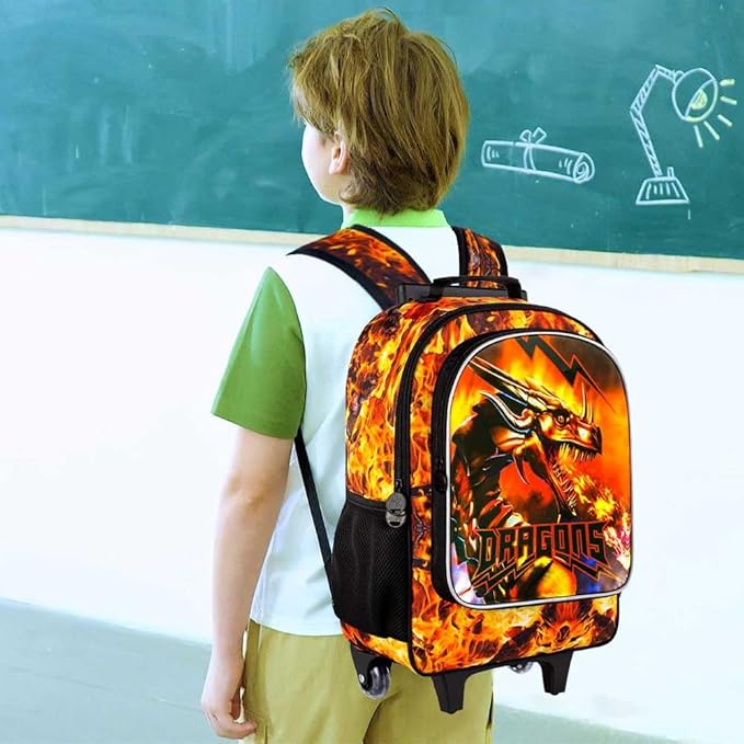 3Pcs Dragon Rolling Backpack for Boys, Kids School Backpacks with Wheels, Roller Bookbag with Lunch Box for Elementary Preschool(Orange)
