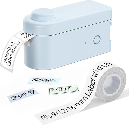 MakeID Label Maker Machine with Tape - Compatible with 9/12/16mm Waterproof Tape, Portable & Rechargeable Label Makers with Built-in Cutter Wireless Label Printer Compatible with Android & iOS Devices