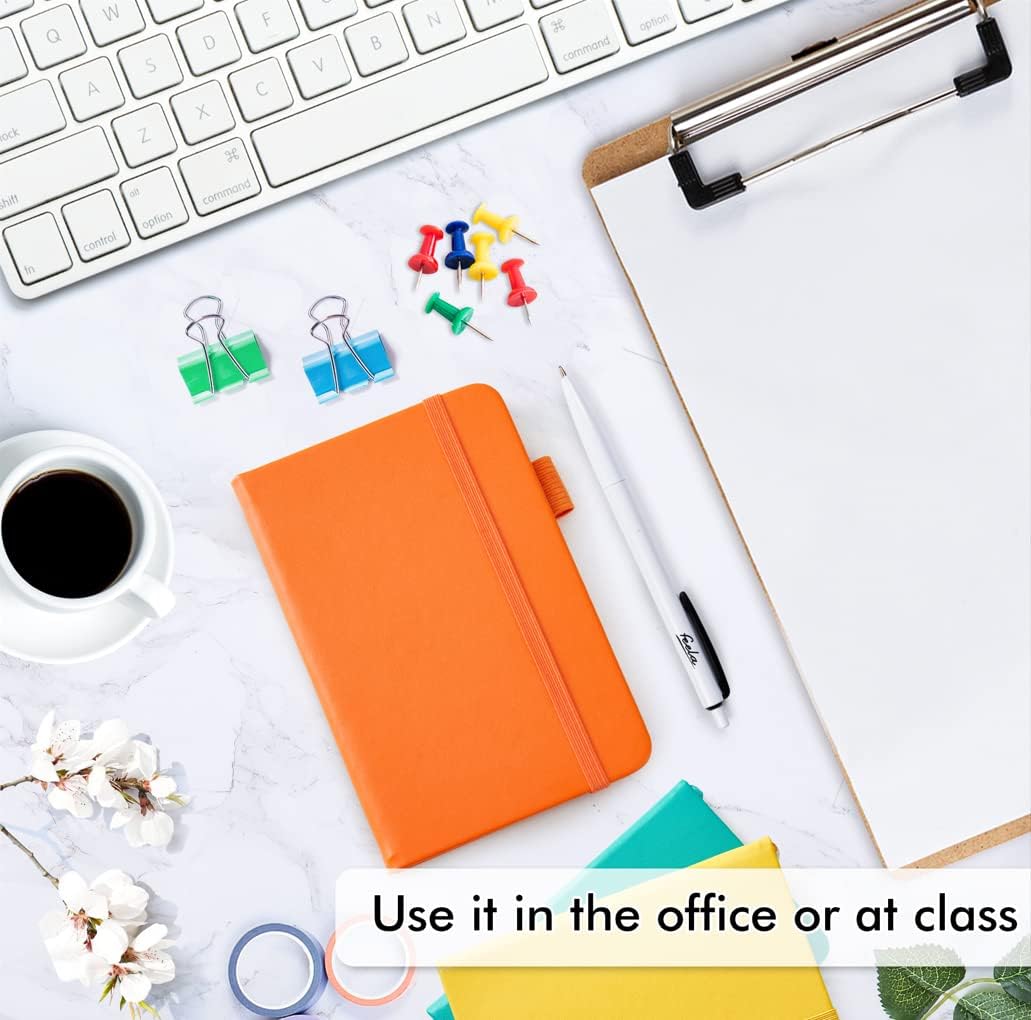 feela Pocket Notebook Journals, Mini Cute Small Hardcover College Ruled Notepad Office School Supplies, with 3 Black Pens, 3.5”x 5.5”, 3 Pack, A6, Solid Colors, Yellow, Orange, Emerald