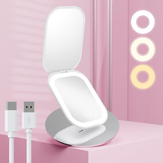Benbilry Lighted Compact Travel Mirror with 3 Color Lights, 1X/3X Magnifying Ultra Slim Rechargeable Pocket Mirror for Purse, 2-Sided, Handheld, Folding, Portable, White